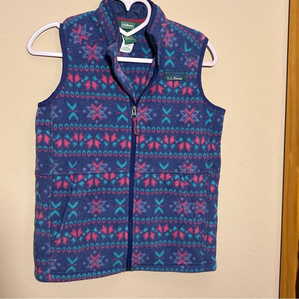 LL Bean Girl's Fleece Purple Fair Isle Print Full Zip Pockets Vest Medium 10-12